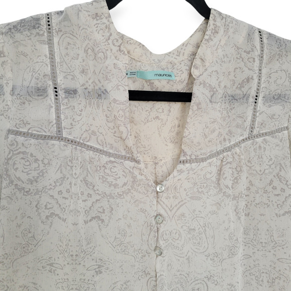 Maurices Sheer Paisley Long Sleeve Cream/Gray Blouse Women Sz M - Picture 4 of 10
